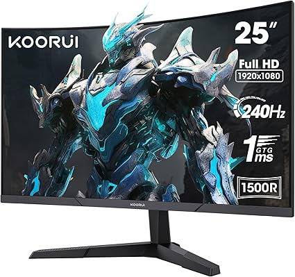 KOORUI 25 Inch Curved Gaming Monitor 240Hz FHD 1080P Computer Monitor, 1500R 1ms GTG Display, Adaptive Sync, 90% DCI-P3,HDR, Eye Care, Tilt Adjustable, VESA 75x75mm, Black,G2511XC